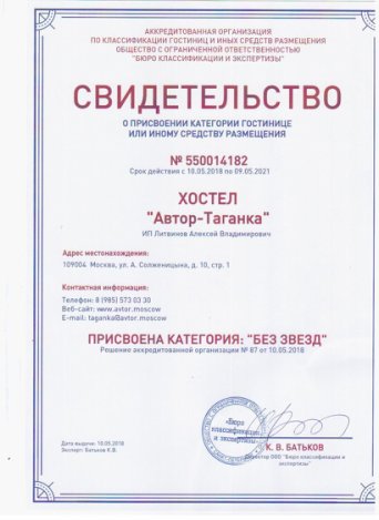 Свидетельство о присвоении хостелу Автор категории